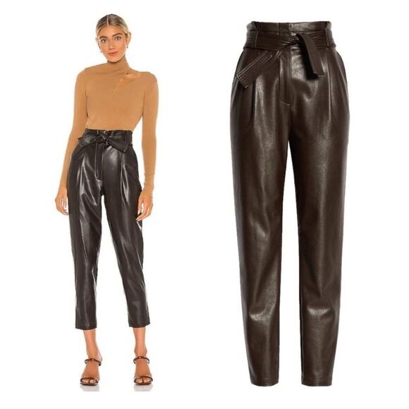 A.L.C. Cobey Faux Leather Brown Pants Ankle Crop SBelted ize 0 - Picture 1 of 8